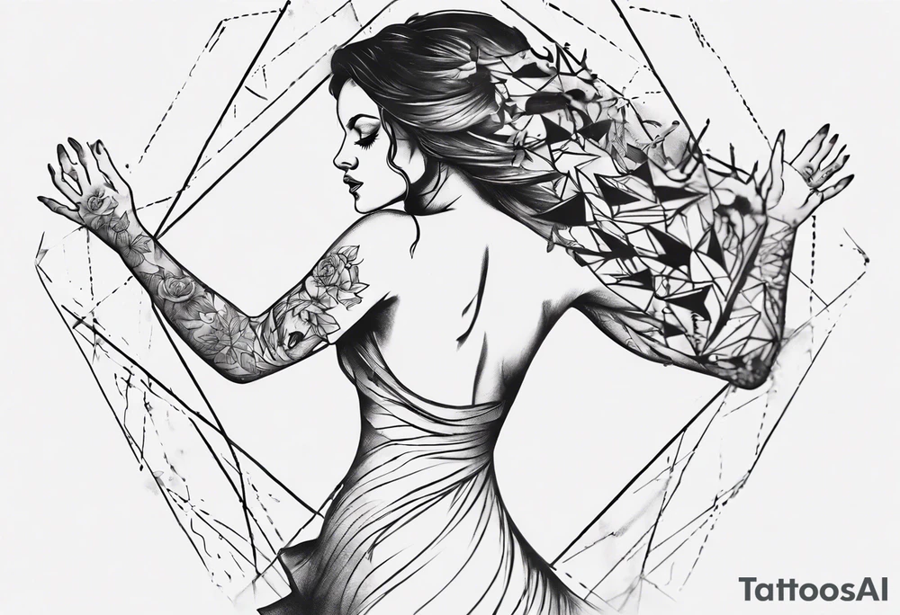 ![Image](file-service://file-28yDVXZtoOR5ZckIvEQ7gtFA)Delicate Black and white tattoo with a woman (entire body) dancing. showing that a lion (only head) is shadowing her. Use triangles and dot work. tattoo idea