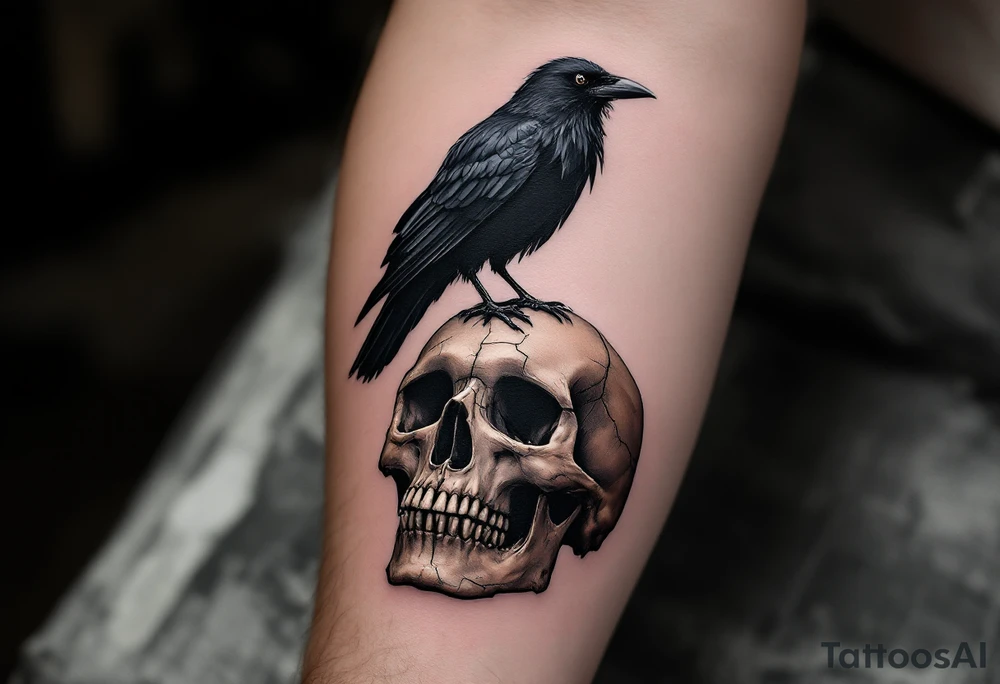 Crow and Skull – A detailed black crow standing atop a cracked human skull. Hyper-realistic style in grayscale with hints of ochre and sepia around the bones. tattoo idea