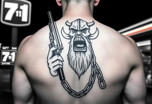 Someone standing in from of 7/11 with a gun and in the other hand is a chain with a Viking at the end of it he’s angry mouth open and giant teeth tattoo idea
