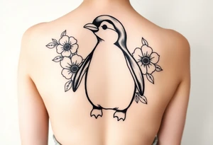 Flowers with a cute penguin with a c in the belly tattoo idea