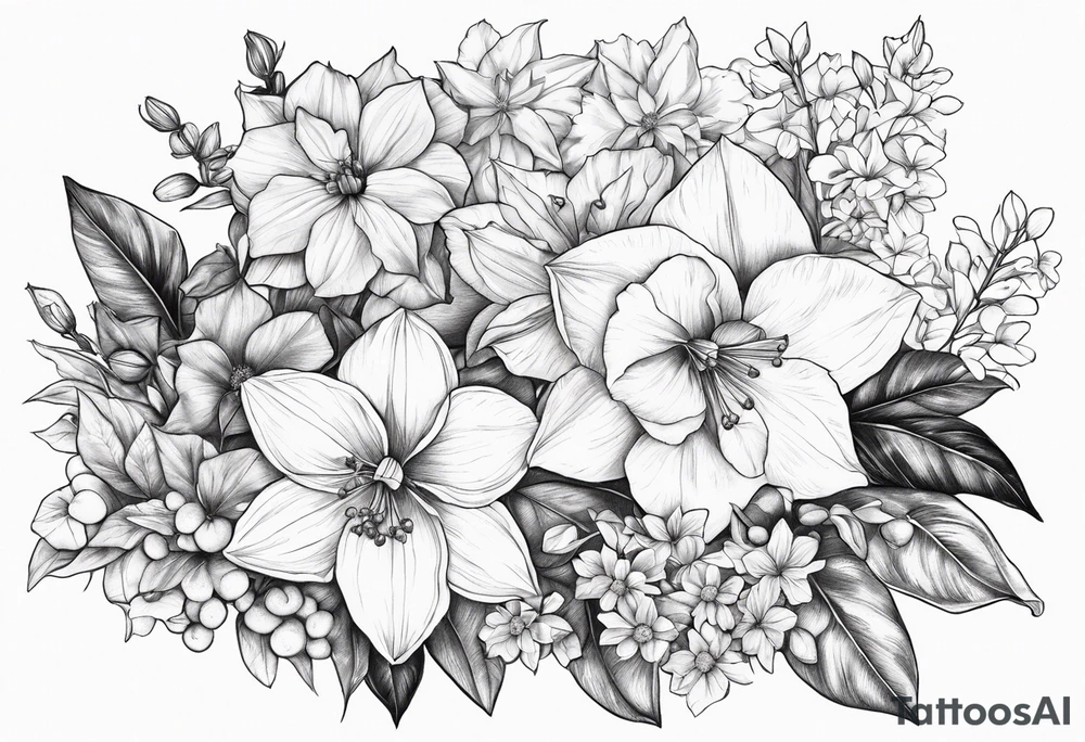 Narcissus, Poinsettia, Holly, Gladiolus, Poppy, Daisy, Sweet Pea and Hydrangea Floral Bouquet tattoo idea