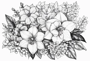 Narcissus, Poinsettia, Holly, Gladiolus, Poppy, Daisy, Sweet Pea and Hydrangea Floral Bouquet tattoo idea