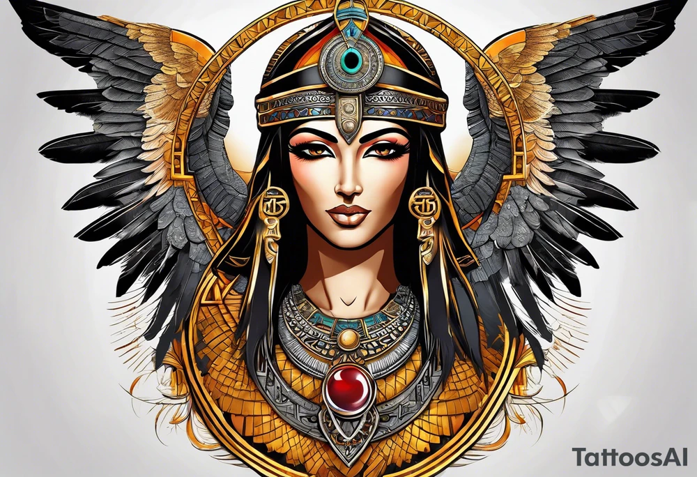 Isis (top center): With wings and the sun disc on her head, holding the ankh. tattoo idea