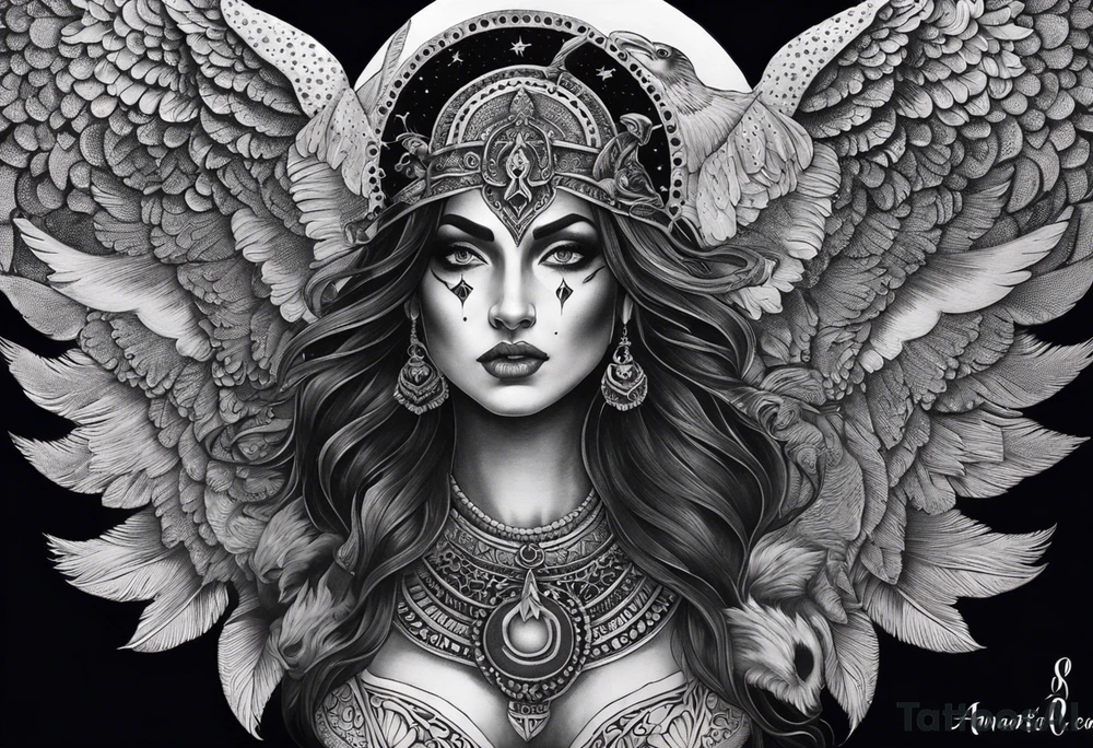 black kali, goddess pirate, alien, angel, pachamama, valkrye, warrior, flying, skull, lotus azul, wing, eagle, zenza resonance, stars, 5D, anahata chakra, death, durga, riding on a tiger, flying lady, chest tatoo tattoo idea
