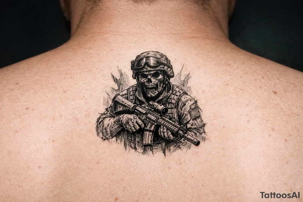 zombie in soldier-outfit,assault-rifle. tattoo idea