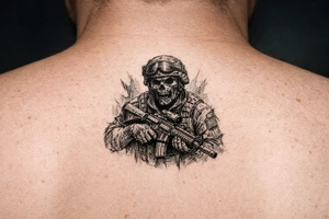 zombie in soldier-outfit,assault-rifle. tattoo idea
