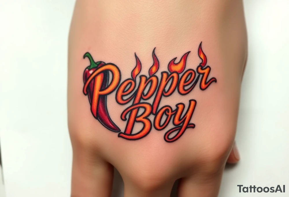 Chili pepper and fire lettering says Pepper Boy tattoo idea