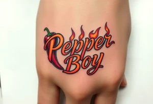 Chili pepper and fire lettering says Pepper Boy tattoo idea