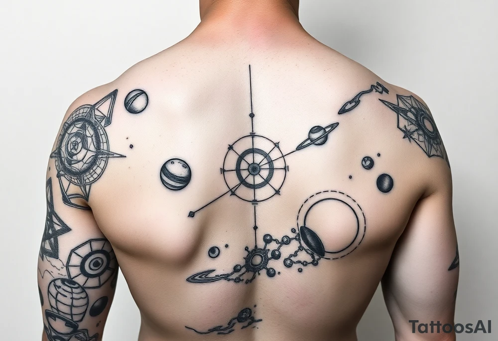 Lower arm sleeve, outer space, planets, geometric patterns, string theory tattoo idea