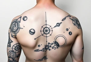 Lower arm sleeve, outer space, planets, geometric patterns, string theory tattoo idea