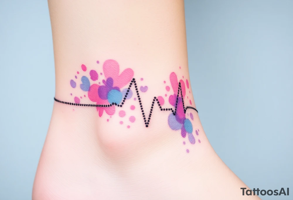 A fragmented heartbeat line, breaking into tiny dots and fading into a burst of watercolor hues, from soft blues to purple and pink. tattoo idea