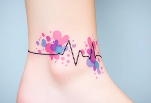 A fragmented heartbeat line, breaking into tiny dots and fading into a burst of watercolor hues, from soft blues to purple and pink. tattoo idea