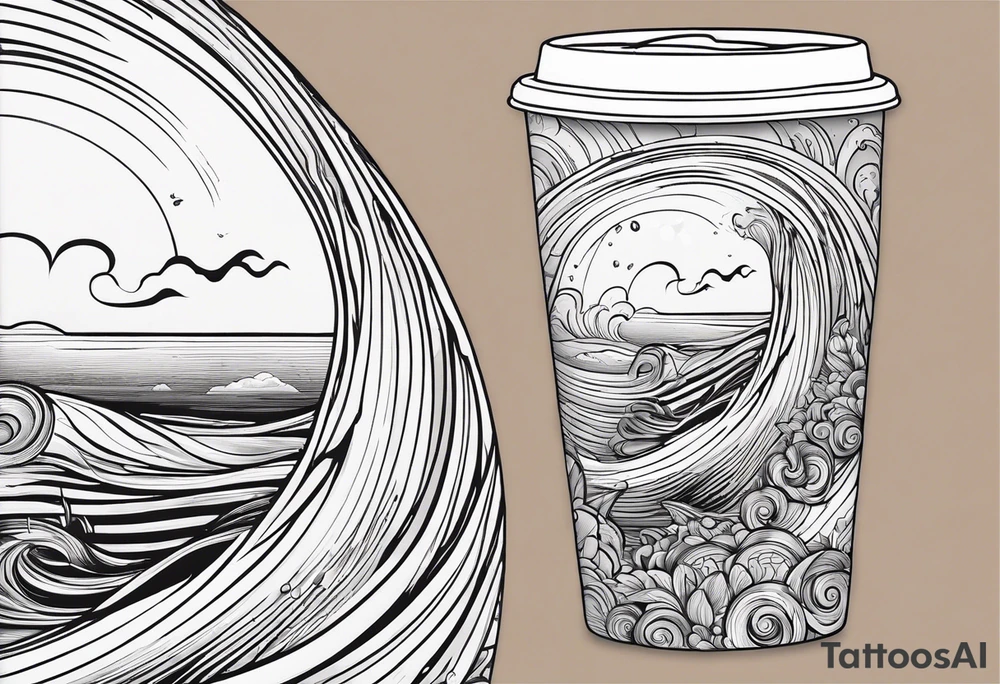 Circular design with coffee mug and ocean wave on mug tattoo idea