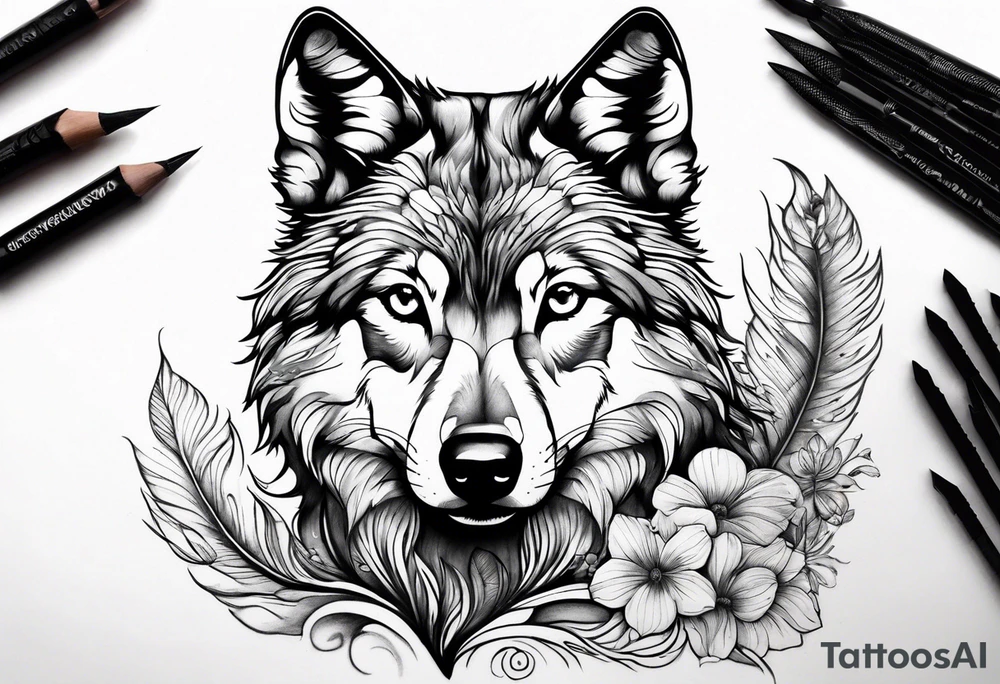 Wolf puppy, peacock feather, butterfly, narcissus flower tattoo idea