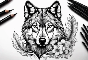 Wolf puppy, peacock feather, butterfly, narcissus flower tattoo idea