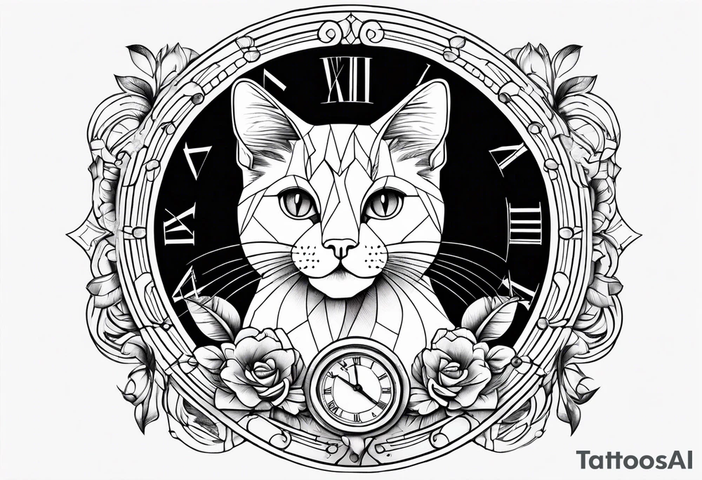 a cat with a clock tattoo idea