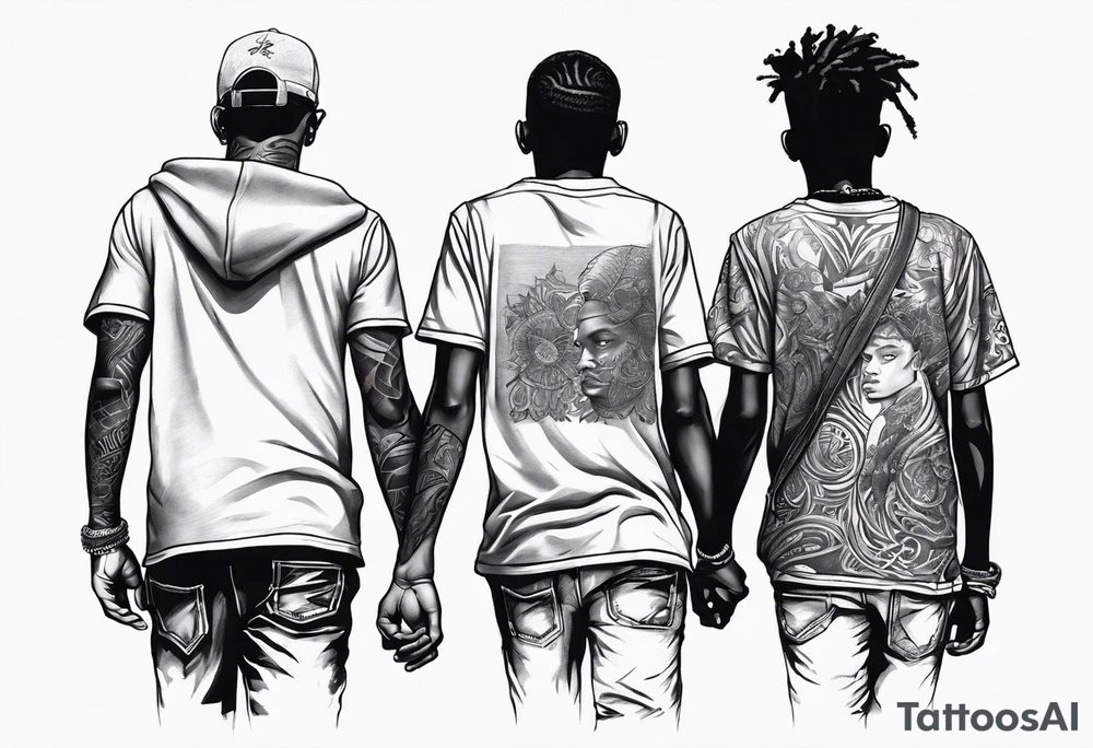 3 young black brothers walking away together  you can see from feet to head and one is looking to the side showing the side of his face tattoo idea