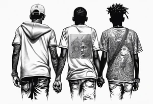 3 young black brothers walking away together  you can see from feet to head and one is looking to the side showing the side of his face tattoo idea