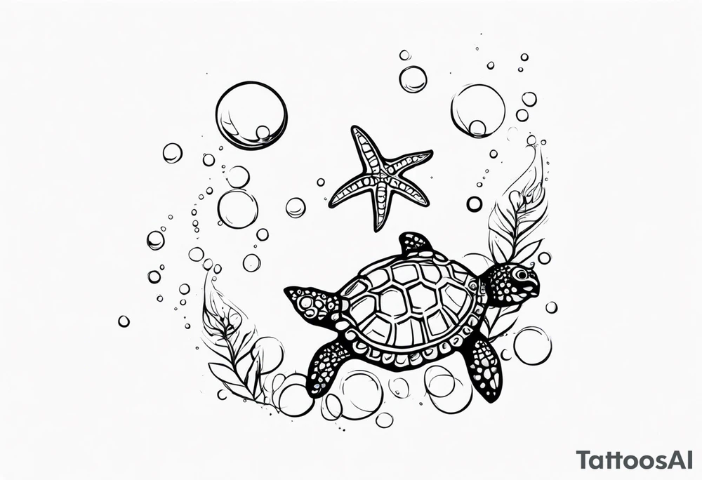 Small Starfish, Seahorse and turtle in a vertical line with bubbles tattoo idea Small Starfish, Seahorse and turtle in a vertical line with bubbles tattoo idea