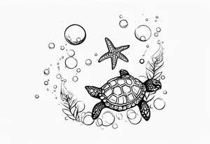 Small Starfish, Seahorse and turtle in a vertical line with bubbles tattoo idea