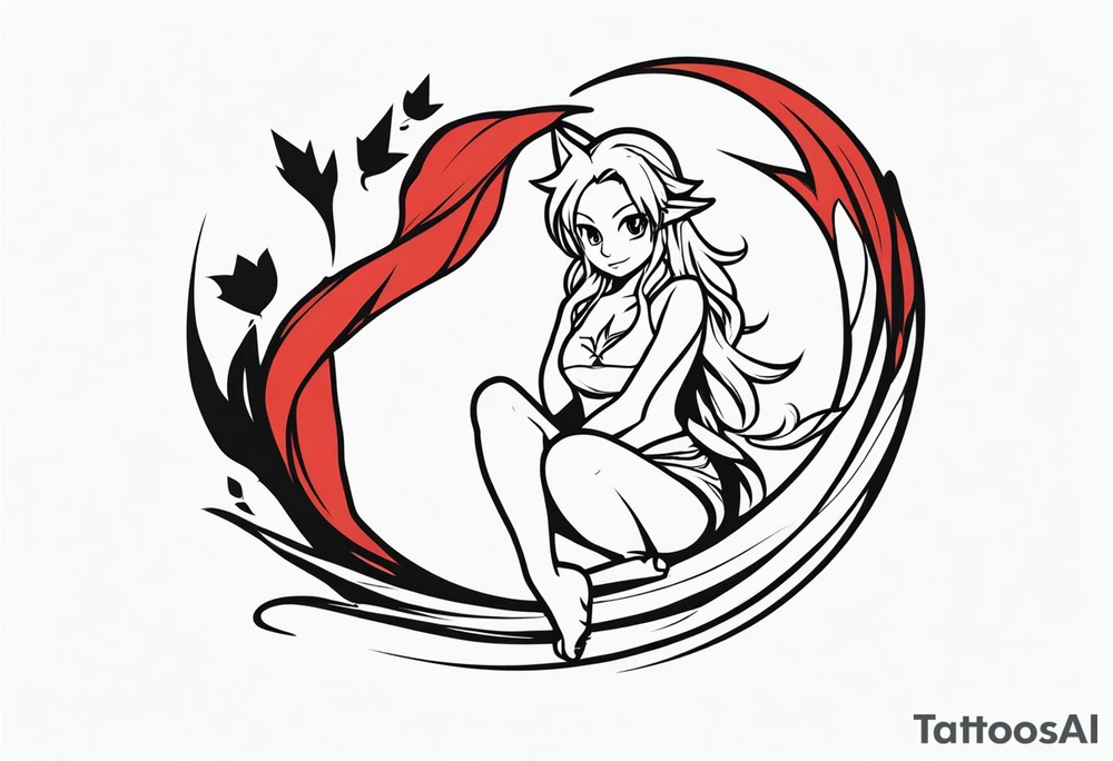 A fairy with a tail inspired by the logo of the show called Fairy Tail in a fetal position leaning in tattoo idea