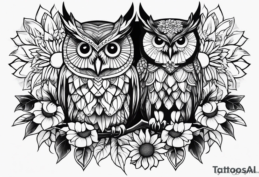 Owl and sunflowers quarter leg sleeves tattoo idea