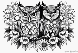 Owl and sunflowers quarter leg sleeves tattoo idea