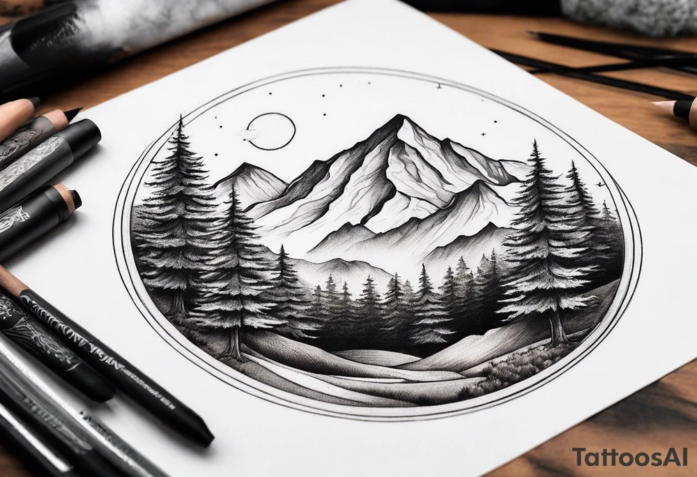 small circle shape trees mountain tattoo idea