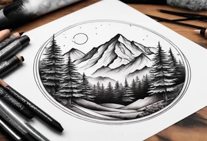 small circle shape trees mountain tattoo idea