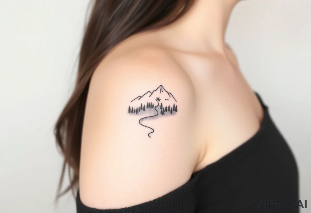 A minimalist fine line tattoo inspired by the song 'Exile,' depicting a quiet mountain scene with a narrow trail cutting through a dense forest. The design is simple yet evocative, with crisp black lines to emphasize the solitude and introspective theme of the song. This tattoo would sit gracefully on the upper back of the shoulder. tattoo idea