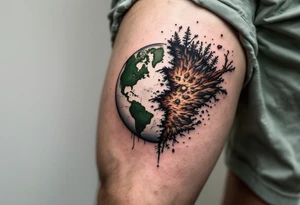 A split Earth showing one half green and healthy, the other half in red and brown decay, makes a powerful thigh piece. tattoo idea