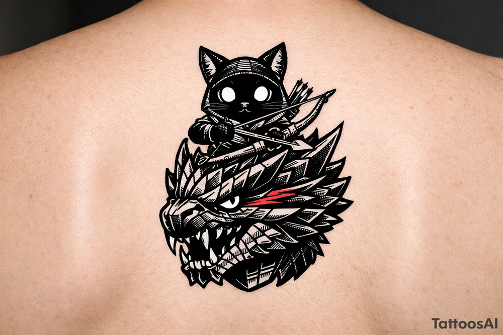 A vertical illustrative tattoo design, 2D vector style. A cute black Palico feline cat with realistic cat ears, and large glowing solid eyes is riding on the back of a Nargacuga dragon. The camera is zoomed in tight as a close-up portrait, showing only the full cat on top and the dragon's head and neck directly below it, acting as a compact pedestal base. The cat is holding a wooden hunter's bow and arrow. The dragon has sleek, smooth, interlocking reptilian wyvern scales, sharp fangs, and a glowing red streak trailing backward from its eye. Thick clean black outlines, clear spacing, solid white background, zero feathery textures, no 3D shading, stencil ready. tattoo idea