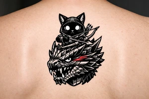 A vertical illustrative tattoo design, 2D vector style. A cute black Palico feline cat with realistic cat ears, and large glowing solid eyes is riding on the back of a Nargacuga dragon. The camera is zoomed in tight as a close-up portrait, showing only the full cat on top and the dragon's head and neck directly below it, acting as a compact pedestal base. The cat is holding a wooden hunter's bow and arrow. The dragon has sleek, smooth, interlocking reptilian wyvern scales, sharp fangs, and a glowing red streak trailing backward from its eye. Thick clean black outlines, clear spacing, solid white background, zero feathery textures, no 3D shading, stencil ready. tattoo idea