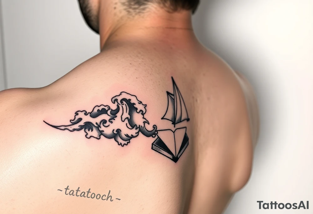 A black and white tattoo that will go on side of the wrist. This is for someone who loves ocean, travel and books. tattoo idea