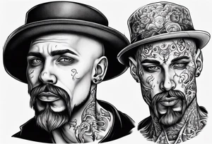 bald heartbroken man closeup goatee black hat tattoo idea