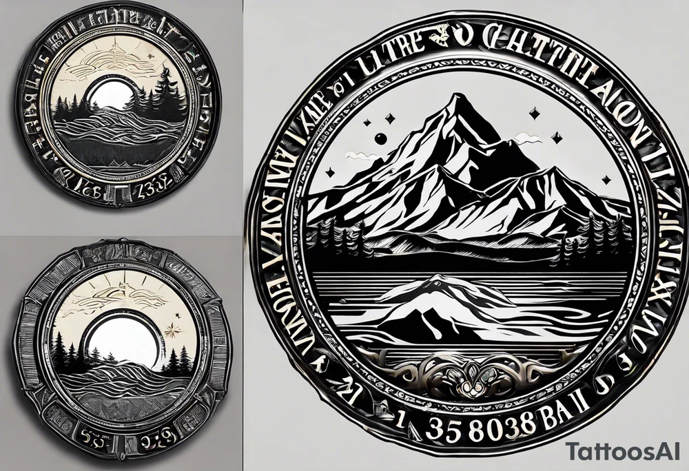 Let the coordinates 35.331° N, 33.429° E be written, next to it should be a mountain, sun, sea and tree icon, the letters of the coordinate should be capitalized and the numbers next to it should be written from top to bottom. tattoo idea