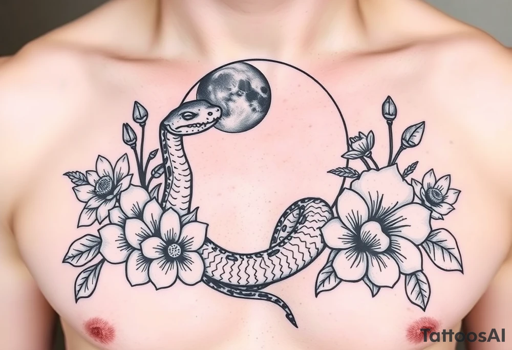 A snake slithering in different flowers with a quarter moon in the background tattoo idea