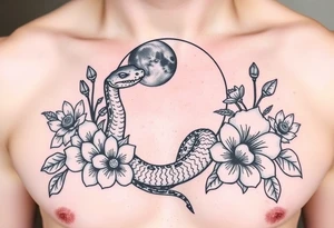 A snake slithering in different flowers with a quarter moon in the background tattoo idea