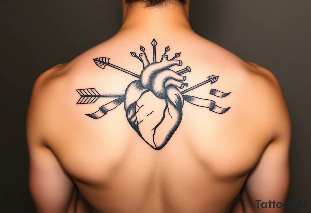 anatomical heart pierced by ornate arrow with flowing ribbons tattoo idea