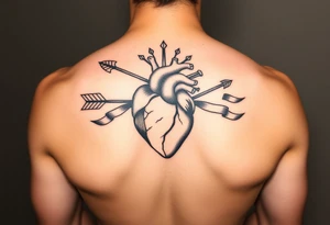 anatomical heart pierced by ornate arrow with flowing ribbons tattoo idea