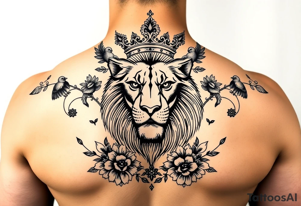 powerful majestic lion with a crown, surrounded by floral ornaments and birds tattoo idea