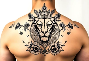 powerful majestic lion with a crown, surrounded by floral ornaments and birds tattoo idea