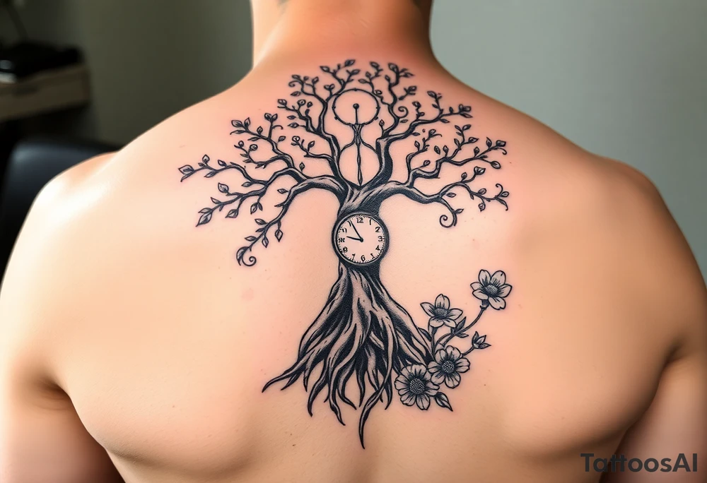 tree of life with cosmic roots and celestial branches, clock, flowers, tattoo idea