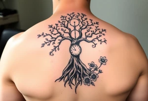 tree of life with cosmic roots and celestial branches, clock, flowers, tattoo idea