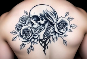 skull,roses and sinister women tattoo idea