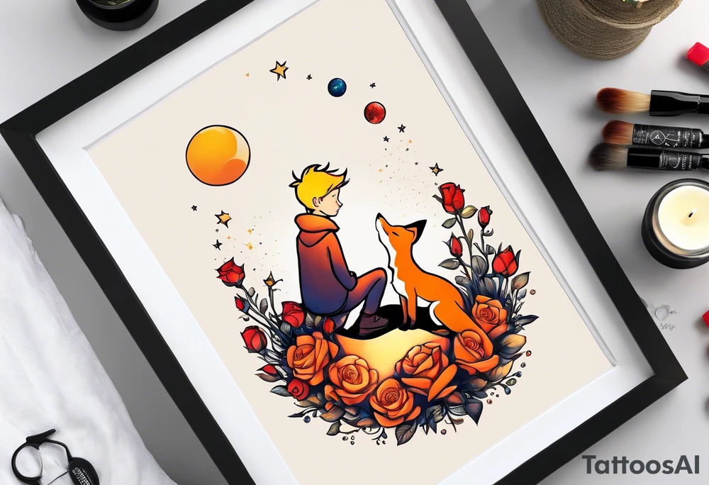 The Little prince sitting on his planet toghether with the fox on his planet besides his rose. Both are watching into the sky tattoo idea