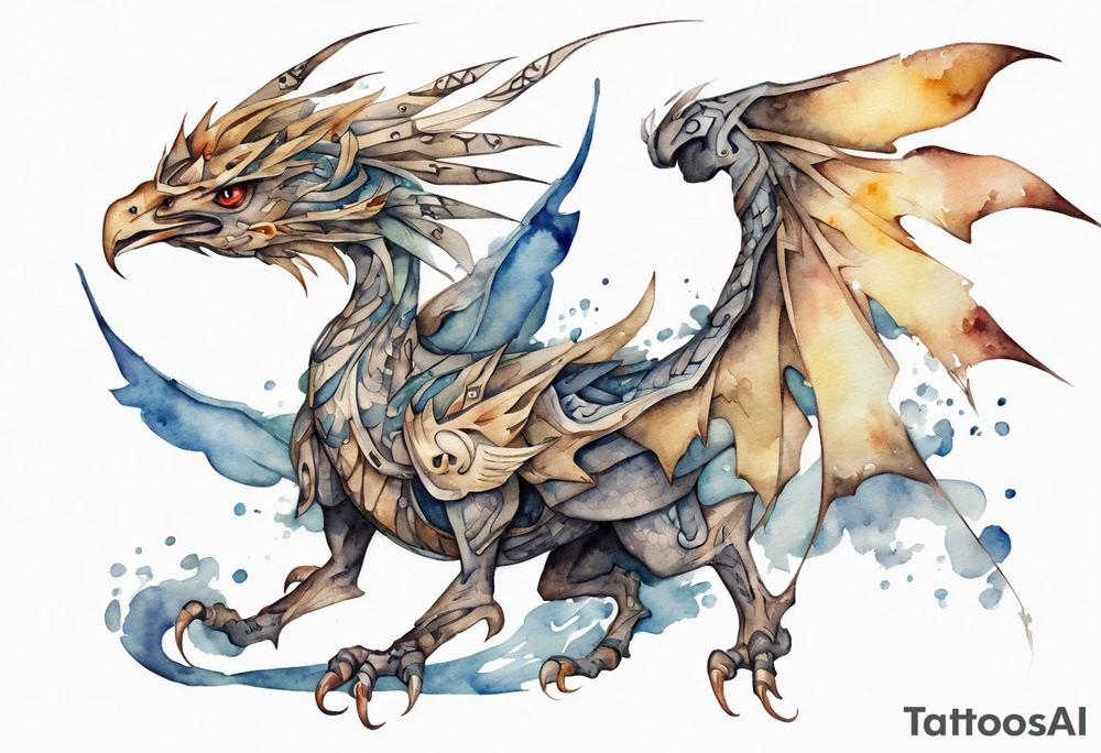 a watercolor of a bird-wyvern hybrid wearing an iron crown, flying tattoo idea