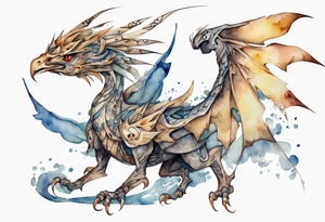 a watercolor of a bird-wyvern hybrid wearing an iron crown, flying tattoo idea