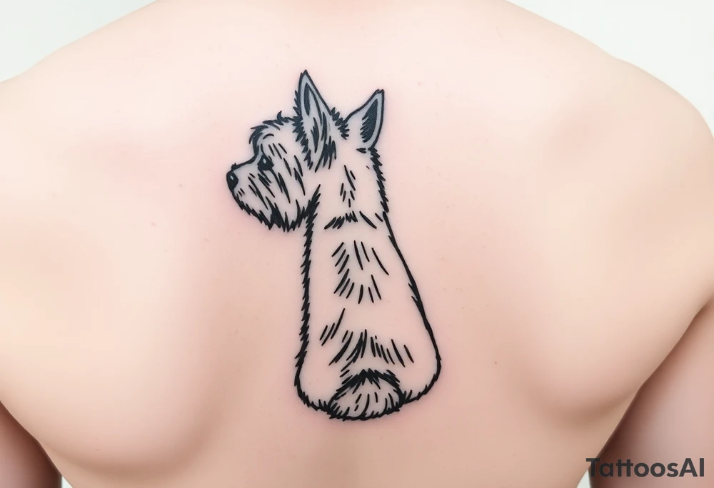 Foto de mi perro westie que se sienta con la pata trasera estirada. Mirando hacia el frente, inclinado hacia arriba, hacia un faro clásico tattoo idea
