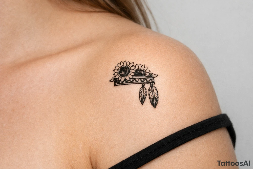 sunflowers with feathers and female Indian headband ribbon tattoo idea